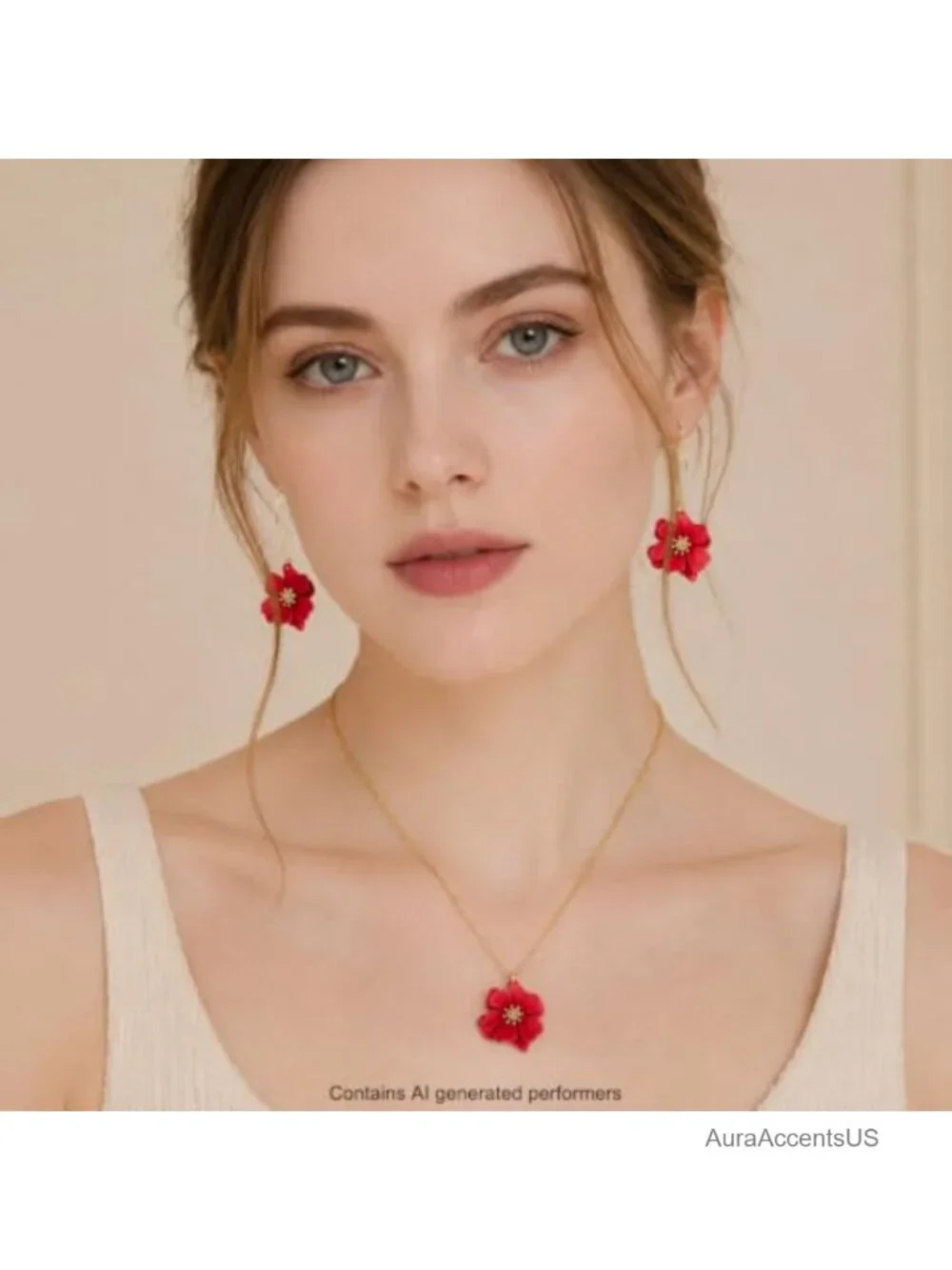 3D Boho Daisy Flower Jewelry Set Necklace and Dangle Earrings Matte Gold Tone